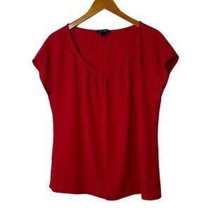 St John Women Blouse L Red Pleated Scoop Neck Cap Sleeve Luxury Career Classic